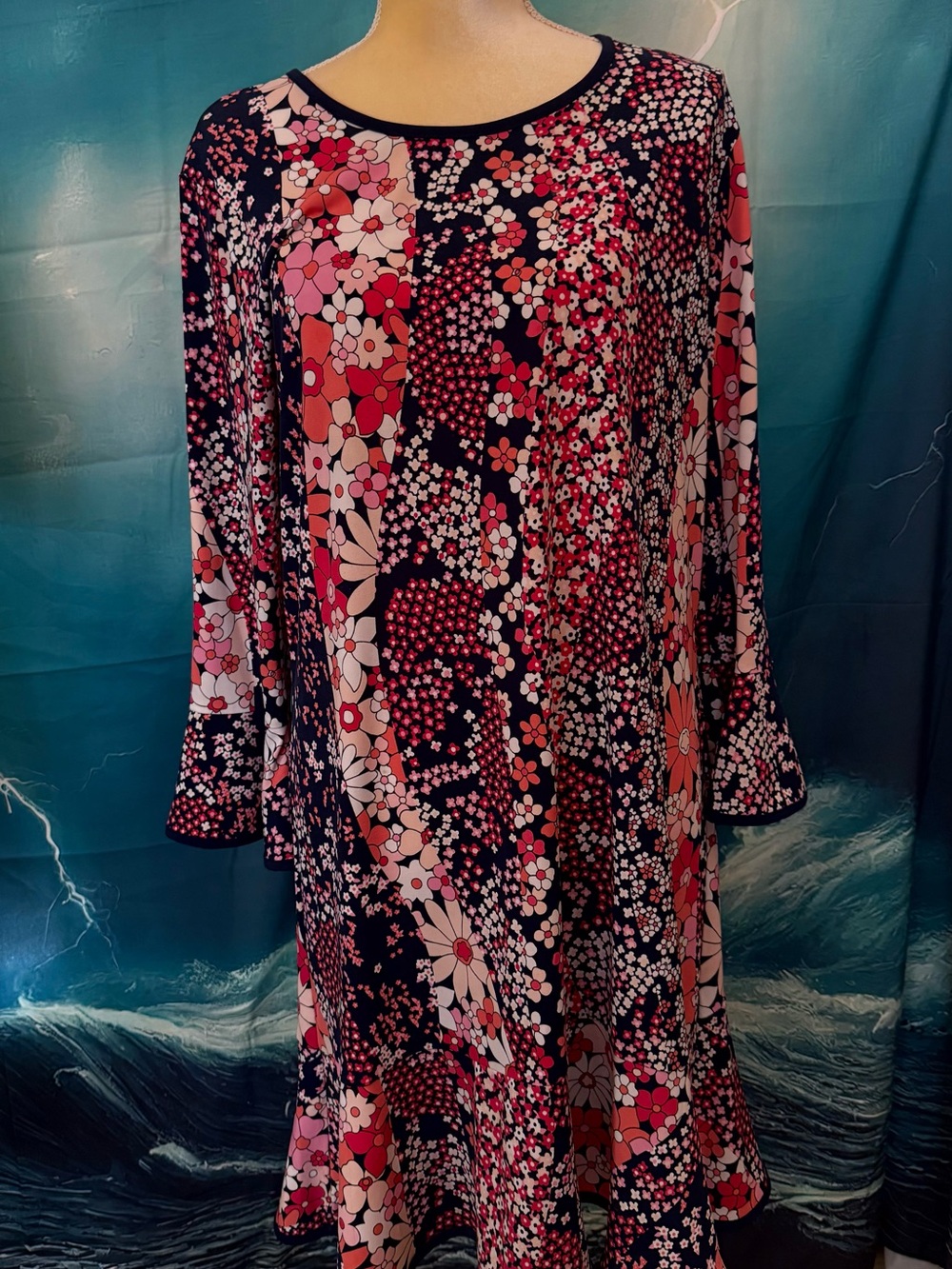 Michael Kors Navy Pink Floral Long-Sleeve Shift Dress